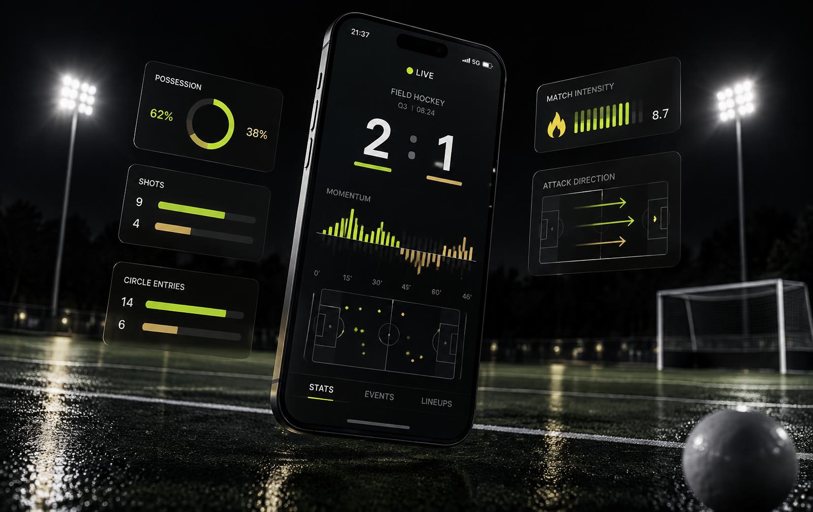 Anonymisierte Vorschau der Fan App mit Live-Spielstand und Momentum